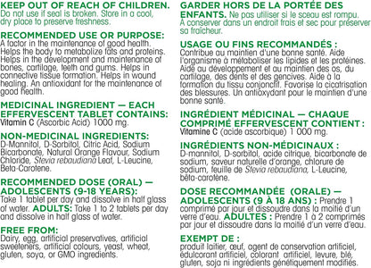 Organika Instant-C 泡騰片 - 橙味 - 1000 毫克維生素 C，免疫支持片 8 管 x 10 片