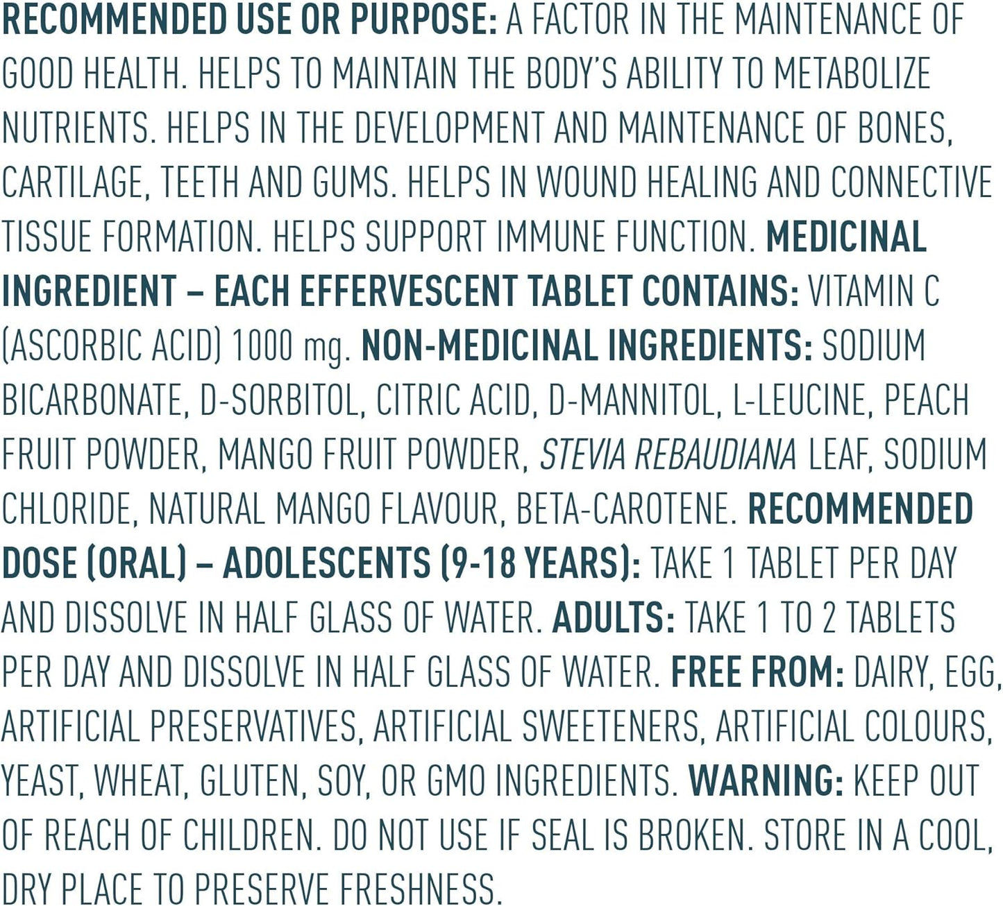 Organika Instant-C 泡騰片 - 桃芒果味，1000 毫克維生素 C，免疫支持片，1 管 x 10 片