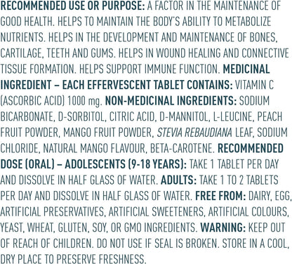 Organika Instant-C 泡騰片 - 桃芒果味，1000 毫克維生素 C，免疫支持片，1 管 x 10 片