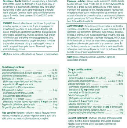 Jamieson 鋅潤喉糖，檸檬薄荷味，蘊含紫錐菊、維生素C和維生素D3，舒緩喉嚨痛，緩解感冒和流感症狀。不含麩質，不含人工色素、香精或防腐劑…