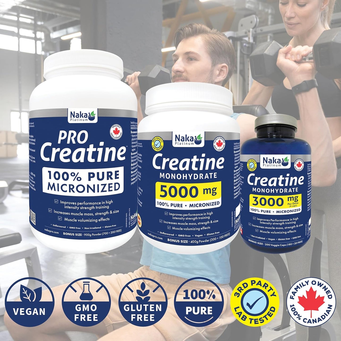 Naka Platinum Creatine 100% Pure Micronized Powder, 3000mg Per Dose, Faster Absorption - Supplement for Muscle Growth, Increased Strength, Enhanced Energy and Improved Athletic/Sports Performance, Made in Canada (200 vcaps)