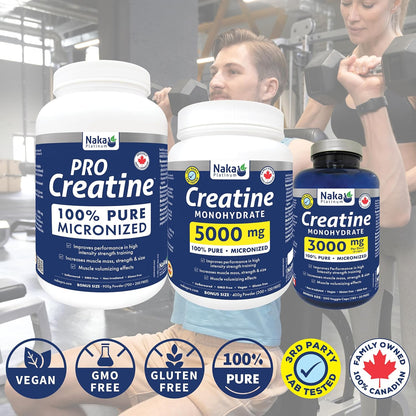Naka Platinum Creatine 100% Pure Micronized Powder, 3000mg Per Dose, Faster Absorption - Supplement for Muscle Growth, Increased Strength, Enhanced Energy and Improved Athletic/Sports Performance, Made in Canada (200 vcaps)