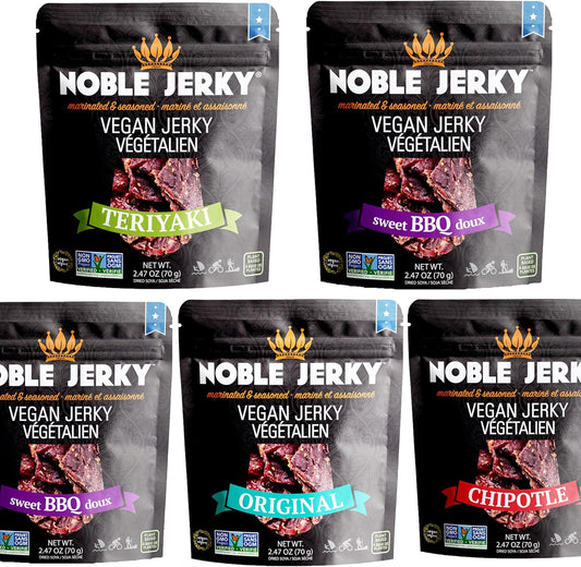 Noble Jerky – Vegan Jerky Snacks, 14g Plant Protein, Non-GMO, High-Protein, 70g Bags, 5-Pack Variety (Teriyaki, Chipotle, Original, 2 BBQ)