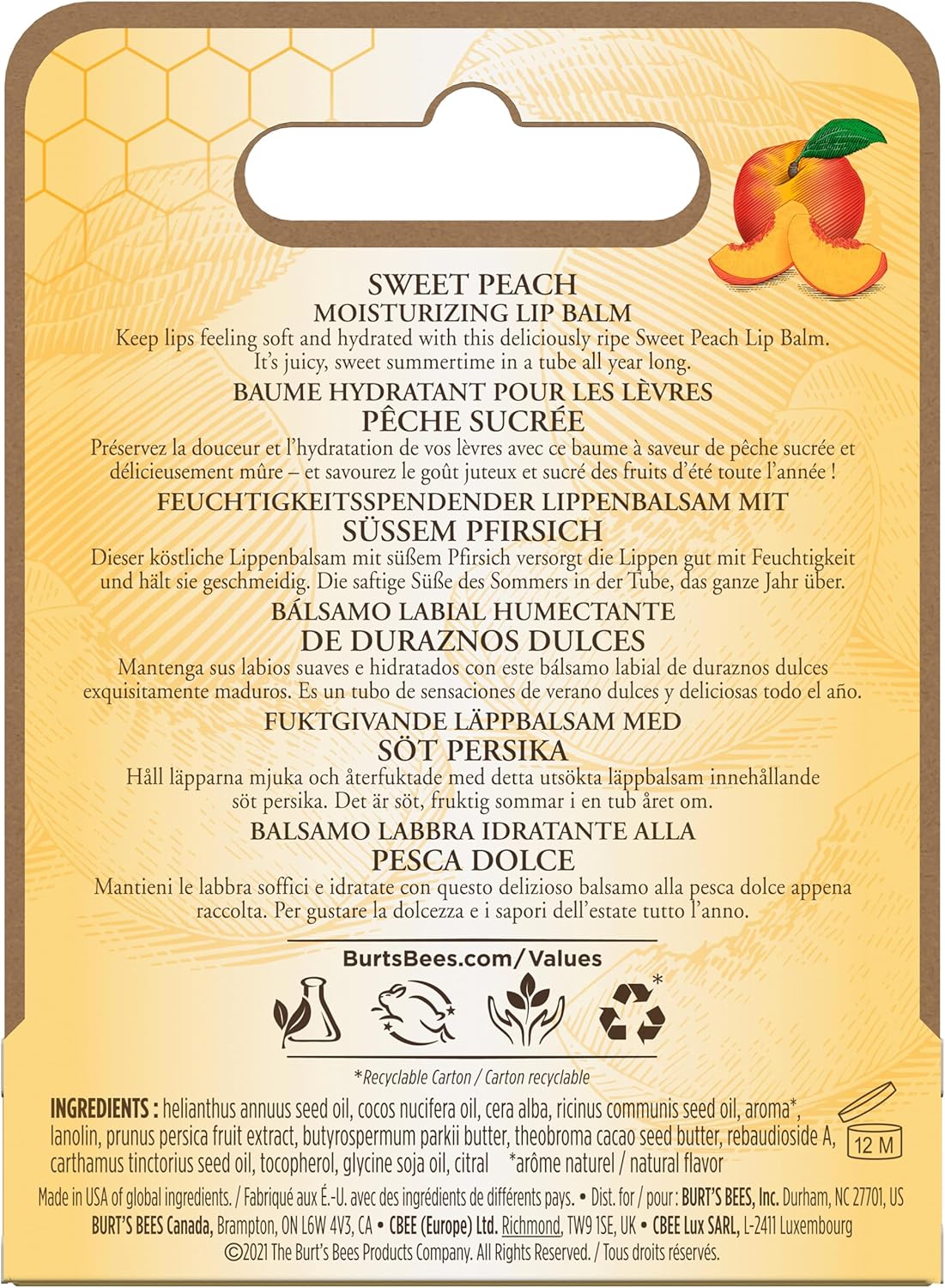 Burt's Bees 100% 天然保湿润唇膏，适用于干裂嘴唇，唇部护理，柔软光滑双唇，1 支装 - 甜桃色