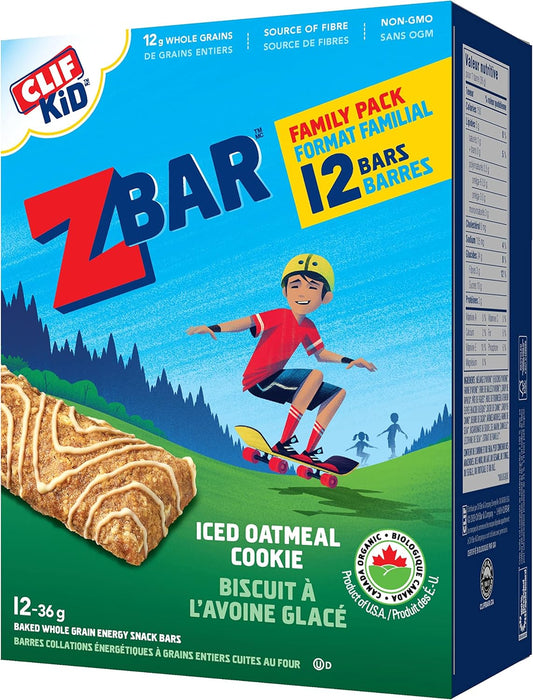 CLIF KID ZBAR，有机能量棒，家庭装 12 根，独立包装，冰燕麦饼干，儿童零食，纤维来源，学校零食，非转基因，每根 36 克