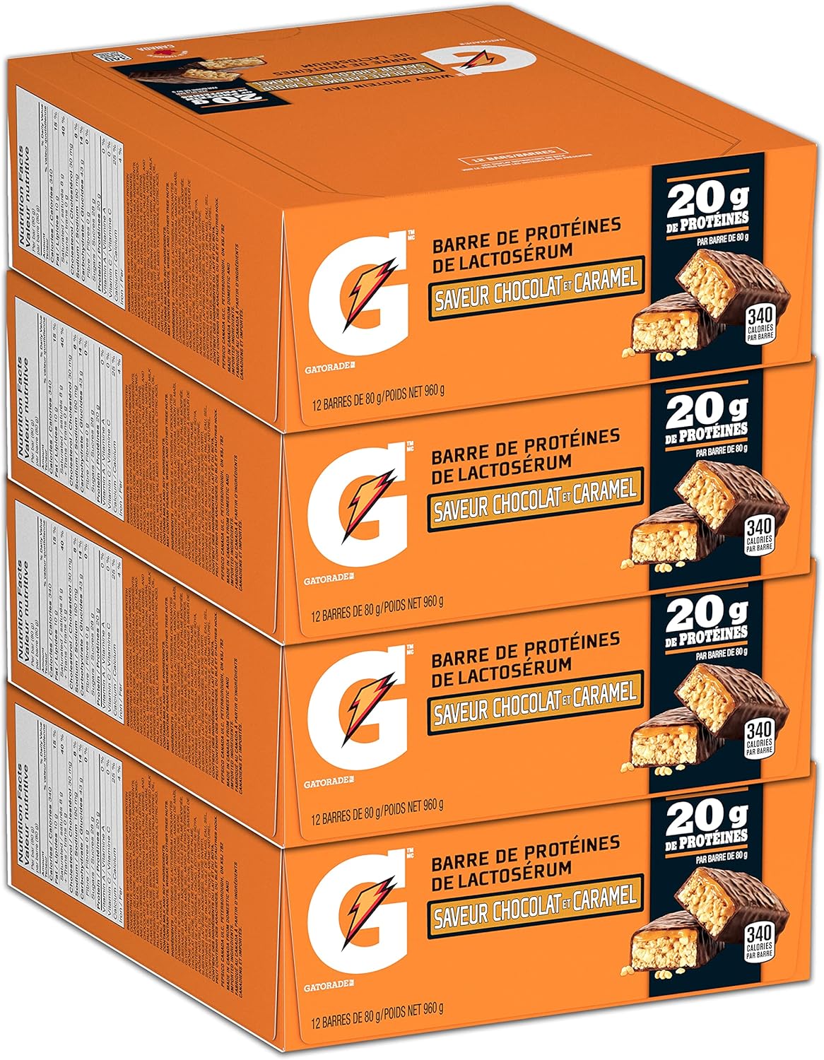 Gatorade Whey Protein Bar - Chocolate Caramel Flavour, Multi-Pack, 12 Bars, 960 g (Pack of 4)