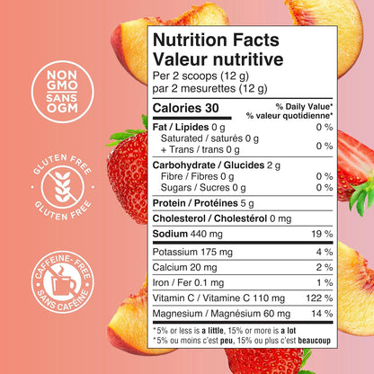Organika Canadian-Made Electrolytes + Enhanced Collagen - Strawberry Peach Flavour - Sugar-Free Hydration | 5g Protein + 100% of Daily Vitamin C - 600g