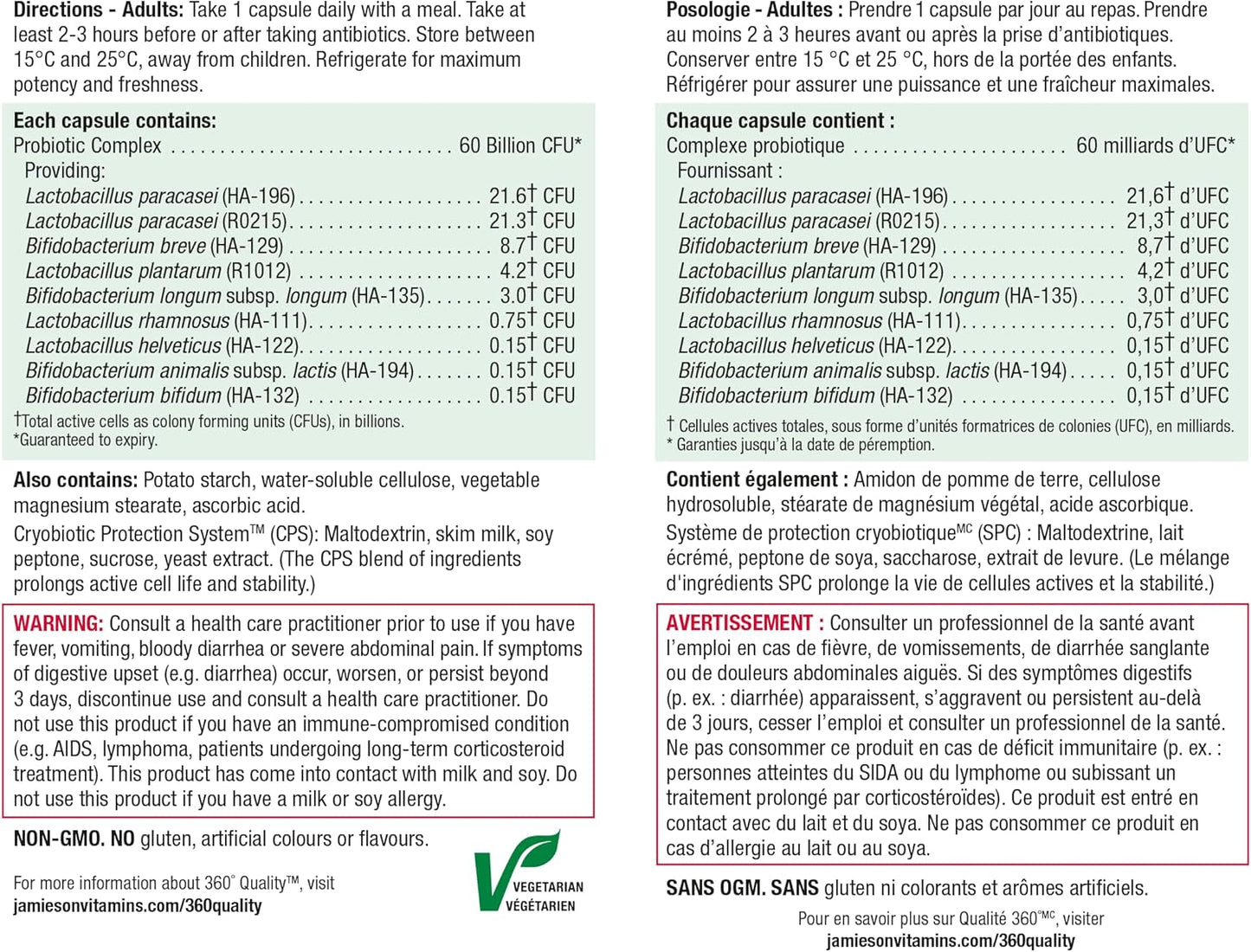 Jamieson 益生菌 600 億活性細胞，超強效，支持消化系統健康和腸道健康。 9 種獨特菌株，包括乳酸桿菌和雙歧桿菌，非基因改造，無麩質，24 粒素食膠囊