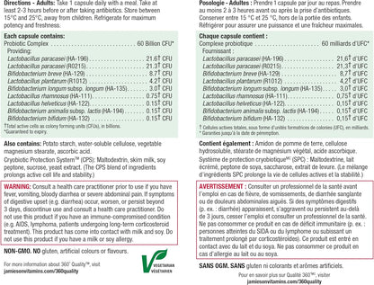 Jamieson 益生菌 600 億活性細胞，超強效，支持消化系統健康和腸道健康。 9 種獨特菌株，包括乳酸桿菌和雙歧桿菌，非基因改造，無麩質，24 粒素食膠囊