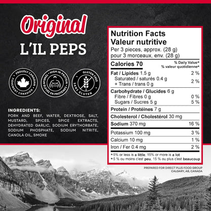 McSweeney's 原味 L'il Peps 干腌意大利辣香肠。100% 加拿大制造，天然烟熏，高蛋白零食，无麸质肉类零食，无需冷藏。150 克（10 包）