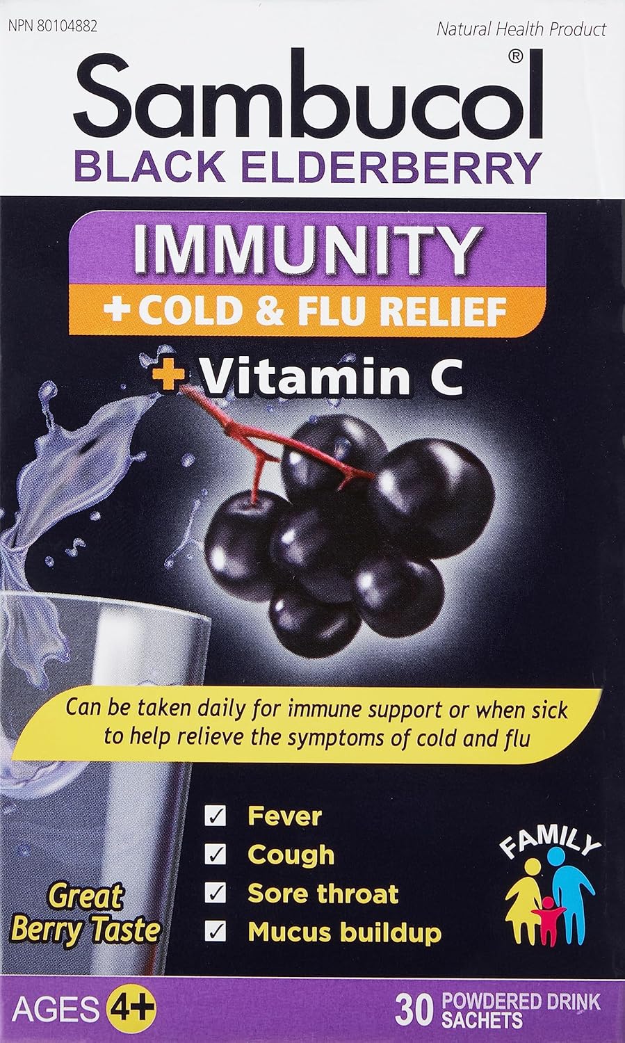 Sambucol Black Elderberry Immunity Powder | Immune Support & Antioxidant | Cold & Flu Relief + Vitamin C | Great Berry Taste | Natural Health Product, Ages 4+ | 30 Powdered Drink Sachets