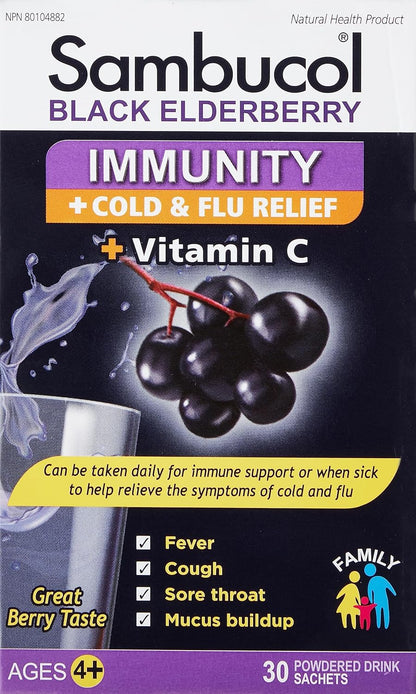 Sambucol Black Elderberry Immunity Powder | Immune Support & Antioxidant | Cold & Flu Relief + Vitamin C | Great Berry Taste | Natural Health Product, Ages 4+ | 30 Powdered Drink Sachets