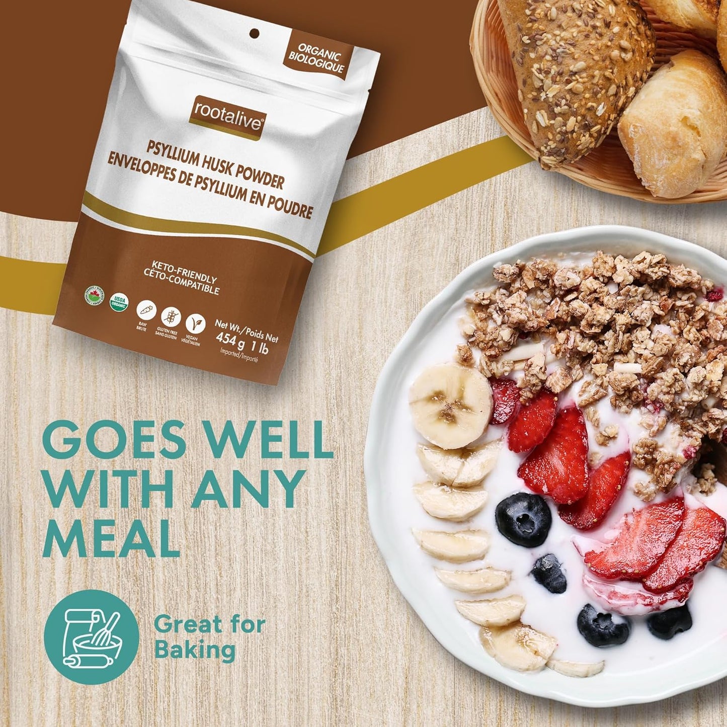 Rootalive 有机洋车前子壳粉 454 克（1 磅），植物性纤维，有助于消化，无味超级食品，含可溶性纤维和不溶性纤维，纯素，无麸质
