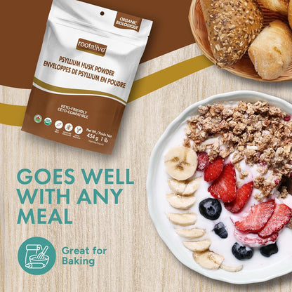 Rootalive 有机洋车前子壳粉 454 克（1 磅），植物性纤维，有助于消化，无味超级食品，含可溶性纤维和不溶性纤维，纯素，无麸质