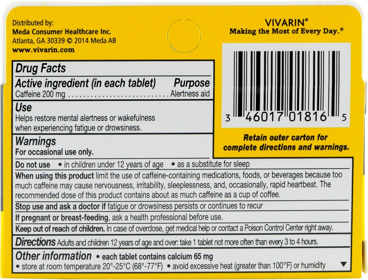 Vivarin 品牌警觉辅助剂，每盒 16 片（6 盒装） Vivarin 品牌警觉辅助剂，每盒 16 片（6 盒装） 1 片 0.5 公斤