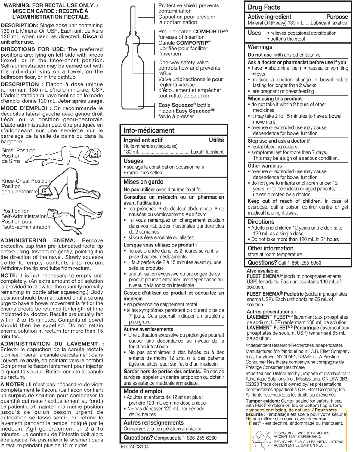Fleet 礦物油灌腸劑 - 1 支 (130 毫升) - 緩解便秘的瀉藥
