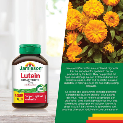 Jamieson 強效葉黃素 20 毫克，添加玉米黃質，支持眼部健康，預防老年性黃斑部病變，並有助於降低白內障風險。非基因改造，無麩質，45 粒軟膠囊，加拿大製造