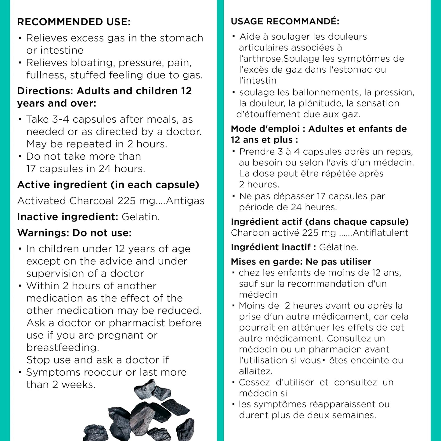 Laboratoire Suisse 活性炭 – 缓解胀气和抗胀气 – 60 粒胶囊