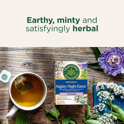 Traditional Medicinals - 有机 Nighty Night Extra 草本茶（6 包）- 天然助眠成分，含缬草、西番莲和柠檬香蜂草 - 共 96 个茶包
