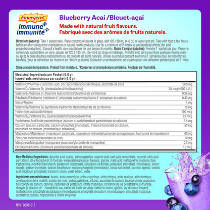 Emergen-C Immune+ 1000毫克維生素C粉劑補充劑，飲料混合物，免疫系統增強劑，藍莓巴西莓口味，24包