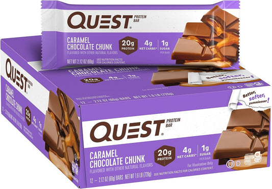 Quest Nutrition 焦糖巧克力塊蛋白棒，高蛋白，低碳水化合物，無麩質，適合酮類，12 片