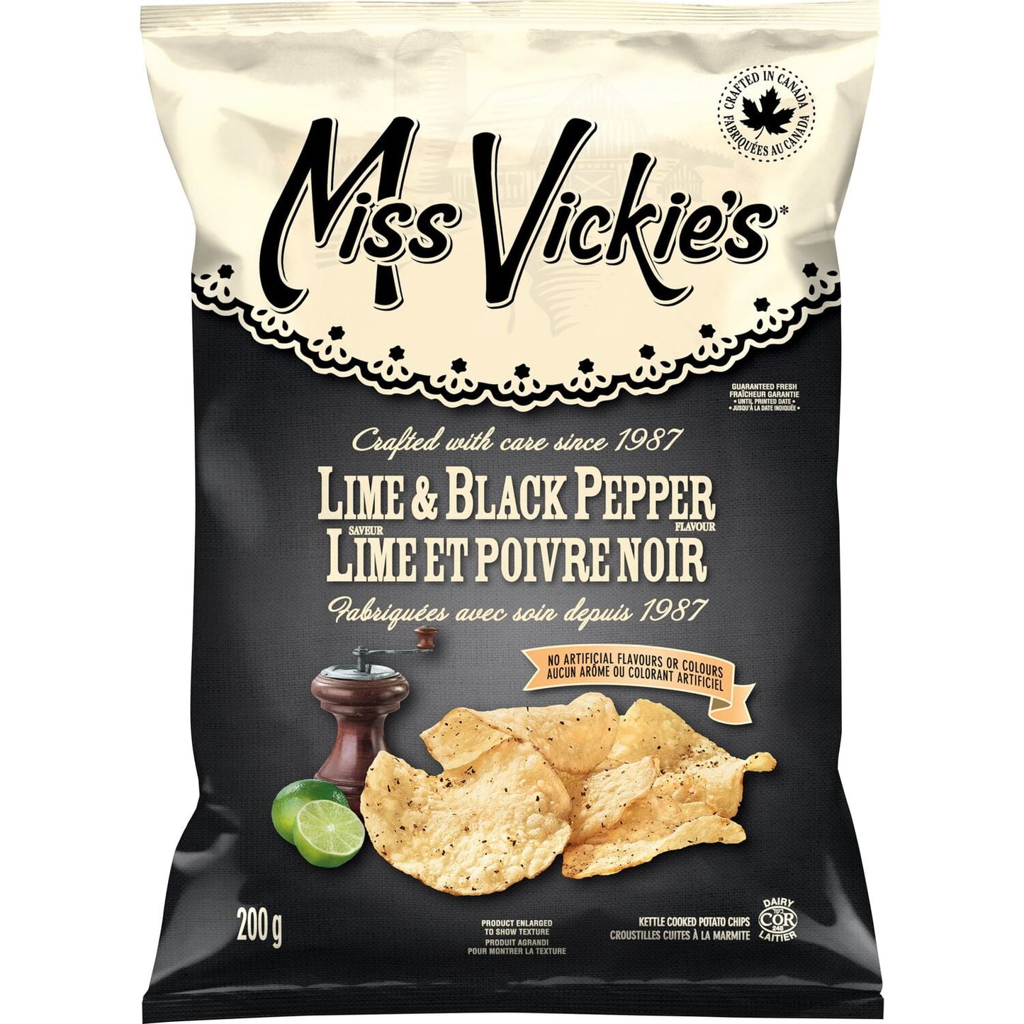 Miss Vickie's Lime & Black Pepper flavour Kettle Cooked Potato Chips, 200 g.