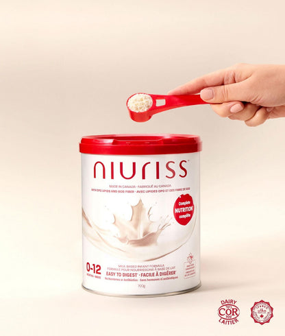 NIURISS 嬰兒配方奶粉 - 加拿大製造 - 含 OPO 脂質、GOS 纖維和加拿大牛奶的全面營養（不含激素和抗生素）- 0-12 個月，700 克，Niuriss 牛奶基嬰兒配方奶粉