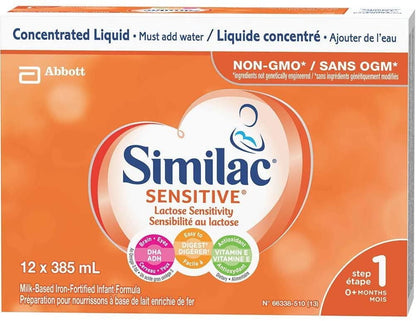 Similac Sensitive Baby Formula, Non-GMO Lactose Sensitivity Baby Formula, Concentrated Liquid, 0+ Months, 12x385 milliliters, 12 x 385 mL