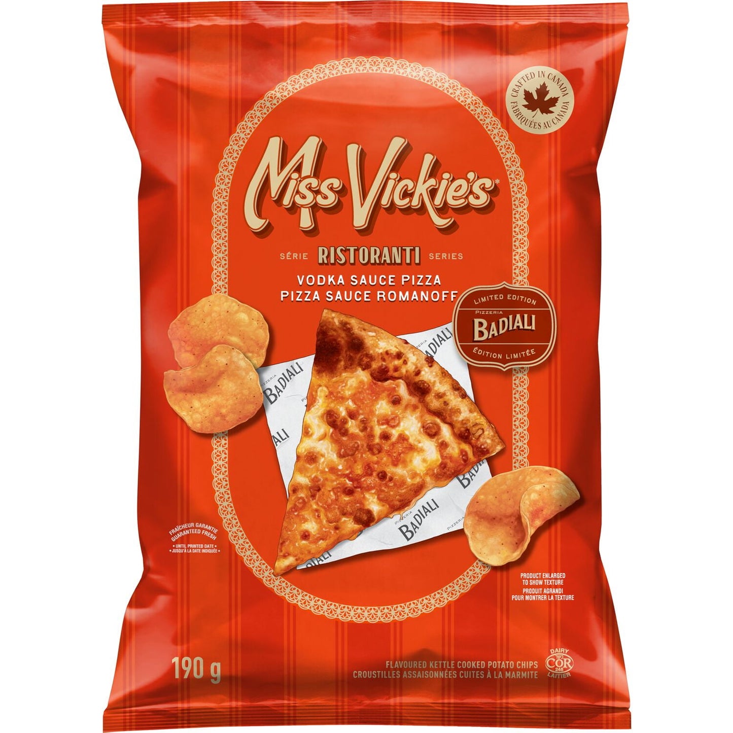 Miss Vickie's Vodka Sauce Pizza Flavoured Kettle Cooked Potato Chips, 190 g.