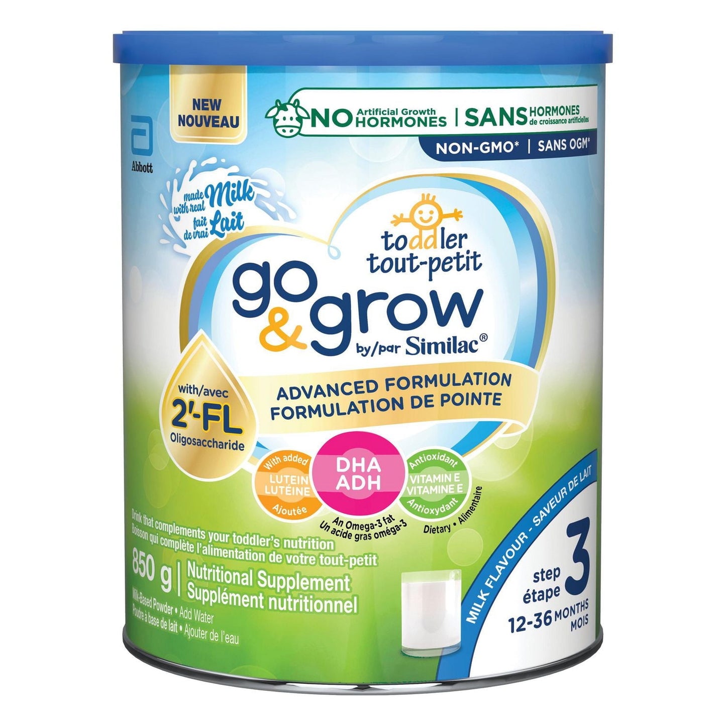 Similac Go & Grow 3 段幼儿饮料，含 2'-FL。免疫支持创新：2'-FL，粉剂，12-36 个月，牛奶味，850 克，1x850 克