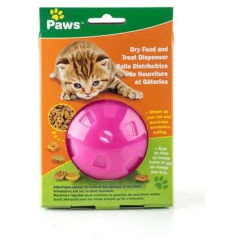 Cat Dry Food and Treat Dispenser Cat Toy 2/s Distribution Ball Random Color 3.25" Dia - Paws $9.99ea