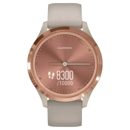 Garmin Vivomove 3S，玫瑰金不銹鋼表圈，帶淺沙色錶殼和矽膠錶帶