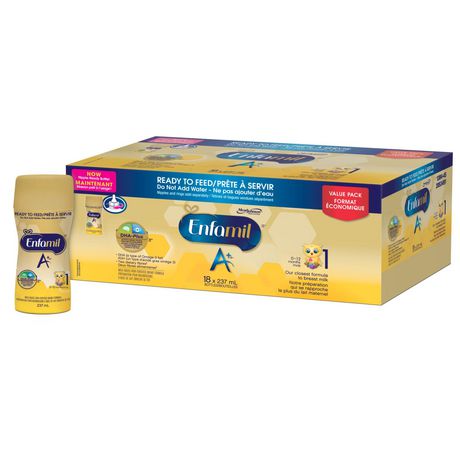 Enfamil A+ 嬰兒配方奶粉，即食型，適合奶嘴的奶瓶，DHA（一種 Omega-3 脂肪）有助於支持大腦發育，0-12 個月，237 毫升 x 18 個