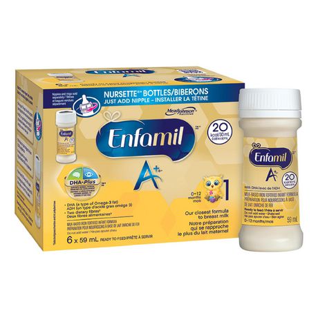 Enfamil A+ 嬰兒配方奶粉，即食型，奶瓶，DHA（一種 Omega-3 脂肪）有助於支持大腦發育，0-12 個月，59mL x 6 粒裝