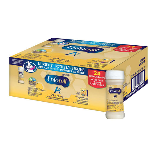 Enfamil A+，嬰兒配方奶粉，即食型，奶瓶，DHA（一種 Omega-3 脂肪）有助於支持大腦發育，0-12 個月，59mL x 24 粒裝
